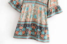 Load image into Gallery viewer, Boho Floral Print V-Neck Summer Flare Sleeve Hippie Beach Mini Dress