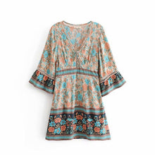 Load image into Gallery viewer, Boho Floral Print V-Neck Summer Flare Sleeve Hippie Beach Mini Dress