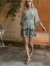 Load image into Gallery viewer, Boho Floral Print V-Neck Summer Flare Sleeve Hippie Beach Mini Dress
