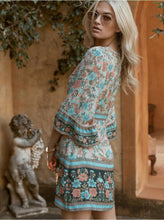 Load image into Gallery viewer, Boho Floral Print V-Neck Summer Flare Sleeve Hippie Beach Mini Dress