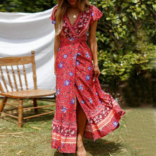 Load image into Gallery viewer, Bohemian Wind Skirt Sexy Split Skirt Wooden Ear V Collar Fashion Dress