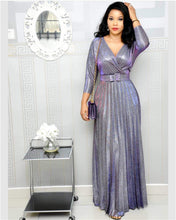 Load image into Gallery viewer, Women's Fashion Long Sleeve Foil Gold Pleated Pleated Skirt with Belt Glitter Fabric