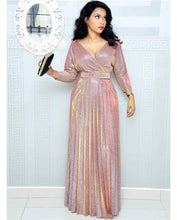 Load image into Gallery viewer, Women's Fashion Long Sleeve Foil Gold Pleated Pleated Skirt with Belt Glitter Fabric