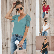 Load image into Gallery viewer, Sexy V-neck Lace Stitch Short-sleeved T-shirt top