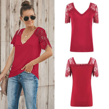 Load image into Gallery viewer, Sexy V-neck Lace Stitch Short-sleeved T-shirt top