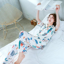 Load image into Gallery viewer, Spring and summer new ladies printed silk casual home clothes short sleeve trousers summer cardigan pajamas