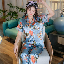 Load image into Gallery viewer, Spring and summer new ladies printed silk casual home clothes short sleeve trousers summer cardigan pajamas