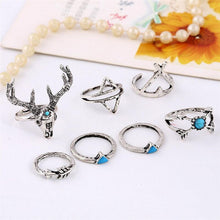 Load image into Gallery viewer, 7pcs Bohemian Christmas Elk Deer Geometric Turquoise Knuckle Unique Xmas Rings