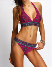 Load image into Gallery viewer, Ethnic Style Red Print Bikini Beach Strap Sexy Leaky Back Halter Split Swimsuit