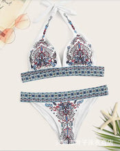 Load image into Gallery viewer, Ethnic Style Red Print Bikini Beach Strap Sexy Leaky Back Halter Split Swimsuit