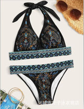 Load image into Gallery viewer, Ethnic Style Red Print Bikini Beach Strap Sexy Leaky Back Halter Split Swimsuit