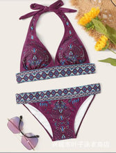 Load image into Gallery viewer, Ethnic Style Red Print Bikini Beach Strap Sexy Leaky Back Halter Split Swimsuit