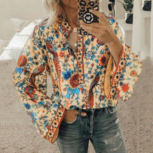 Load image into Gallery viewer, Women's Loose Long Sleeve Printed Stand Up Collar Single Breasted Shirt