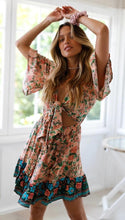 Load image into Gallery viewer, New Bohemian Holiday Print Dress Lace-up V-Neck Beach Dress