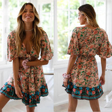 Load image into Gallery viewer, New Bohemian Holiday Print Dress Lace-up V-Neck Beach Dress