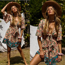 Load image into Gallery viewer, New Bohemian Holiday Print Dress Lace-up V-Neck Beach Dress