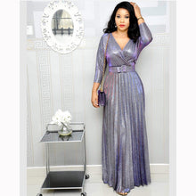 Load image into Gallery viewer, Women's Fashion Long Sleeve Foil Gold Pleated Pleated Skirt with Belt Glitter Fabric