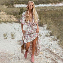 Load image into Gallery viewer, Bohemian deep V collar tie with back-to-back retro-printed large irregular dress