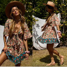 Load image into Gallery viewer, New Bohemian Holiday Print Dress Lace-up V-Neck Beach Dress