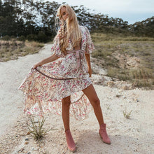 Load image into Gallery viewer, Bohemian deep V collar tie with back-to-back retro-printed large irregular dress