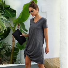 Load image into Gallery viewer, Summer's New Short-sleeved V-neck Hem Knotted Open Fork Loose Casual Skirt