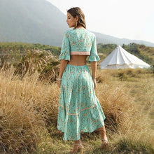 Load image into Gallery viewer, Bohemian Deep V Collar Tie with Back-to-back Retro Prints Irregular Hem Dress