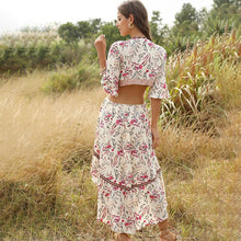 Load image into Gallery viewer, Bohemian Deep V Collar Tie with Back-to-back Retro Prints Irregular Hem Dress