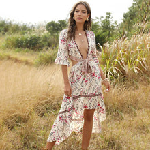 Load image into Gallery viewer, Bohemian Deep V Collar Tie with Back-to-back Retro Prints Irregular Hem Dress