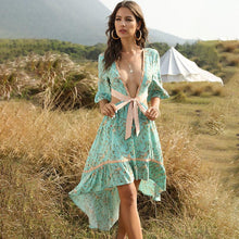 Load image into Gallery viewer, Bohemian Deep V Collar Tie with Back-to-back Retro Prints Irregular Hem Dress