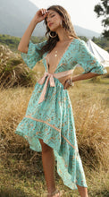 Load image into Gallery viewer, Bohemian Deep V Collar Tie with Back-to-back Retro Prints Irregular Hem Dress