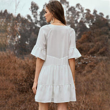 Load image into Gallery viewer, Spring and Summer Solid Color Stitching Flounce Fringed Neckline Lace Trumpet Sleeve Dress