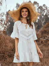 Load image into Gallery viewer, Spring and Summer Solid Color Stitching Flounce Fringed Neckline Lace Trumpet Sleeve Dress