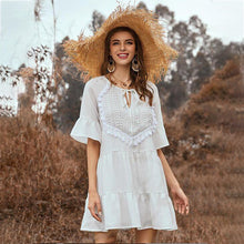Load image into Gallery viewer, Spring and Summer Solid Color Stitching Flounce Fringed Neckline Lace Trumpet Sleeve Dress