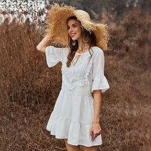 Load image into Gallery viewer, Spring and Summer Solid Color Stitching Flounce Fringed Neckline Lace Trumpet Sleeve Dress