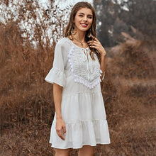 Load image into Gallery viewer, Spring and Summer Solid Color Stitching Flounce Fringed Neckline Lace Trumpet Sleeve Dress