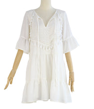 Load image into Gallery viewer, Spring and Summer Solid Color Stitching Flounce Fringed Neckline Lace Trumpet Sleeve Dress