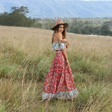 Load image into Gallery viewer, Red Off-the-shoulder Bohemia Maxi Chiffon Floral Print Dress Beach Style Vacation Dress
