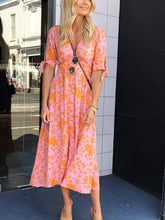 Load image into Gallery viewer, Summer New Fashion V-neck Five-point Sleeve with Single-breasted Printed Dress
