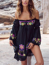 Load image into Gallery viewer, Embroidered Word Shoulder Lace Stitching Trumpet Sleeve Bohemian Holiday Dress