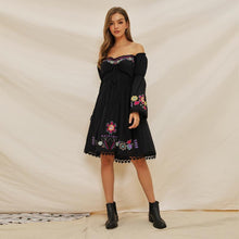 Load image into Gallery viewer, Embroidered Word Shoulder Lace Stitching Trumpet Sleeve Bohemian Holiday Dress