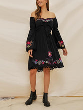 Load image into Gallery viewer, Embroidered Word Shoulder Lace Stitching Trumpet Sleeve Bohemian Holiday Dress