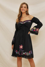 Load image into Gallery viewer, Embroidered Word Shoulder Lace Stitching Trumpet Sleeve Bohemian Holiday Dress