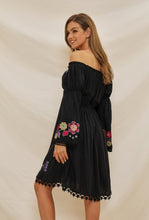 Load image into Gallery viewer, Embroidered Word Shoulder Lace Stitching Trumpet Sleeve Bohemian Holiday Dress