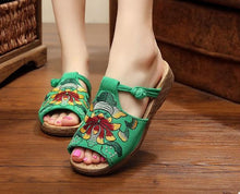 Load image into Gallery viewer, Ethnic Style Wedge with Non-slip Fish Mouth Type Embroidered Sandals and Slippers