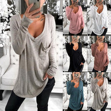 Load image into Gallery viewer, Sexy V-neck Loose Pocket Long Sleeved T Shirt