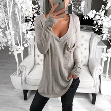 Load image into Gallery viewer, Sexy V-neck Loose Pocket Long Sleeved T Shirt