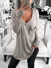 Load image into Gallery viewer, Sexy V-neck Loose Pocket Long Sleeved T Shirt
