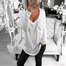 Load image into Gallery viewer, Sexy V-neck Loose Pocket Long Sleeved T Shirt