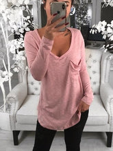 Load image into Gallery viewer, Sexy V-neck Loose Pocket Long Sleeved T Shirt
