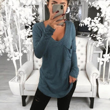 Load image into Gallery viewer, Sexy V-neck Loose Pocket Long Sleeved T Shirt